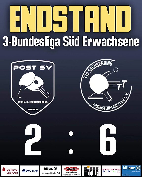 ► Post SV Zeulenroda – TTC SR Hohenstein-Ernstthal II – 2:6