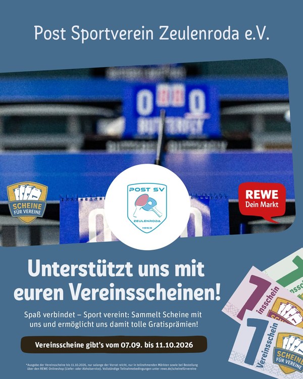 REWE „Scheine für Vereine“ 2026 – Vereinsscheine sammeln und den Post SV Zeulenroda unterstützen. 
