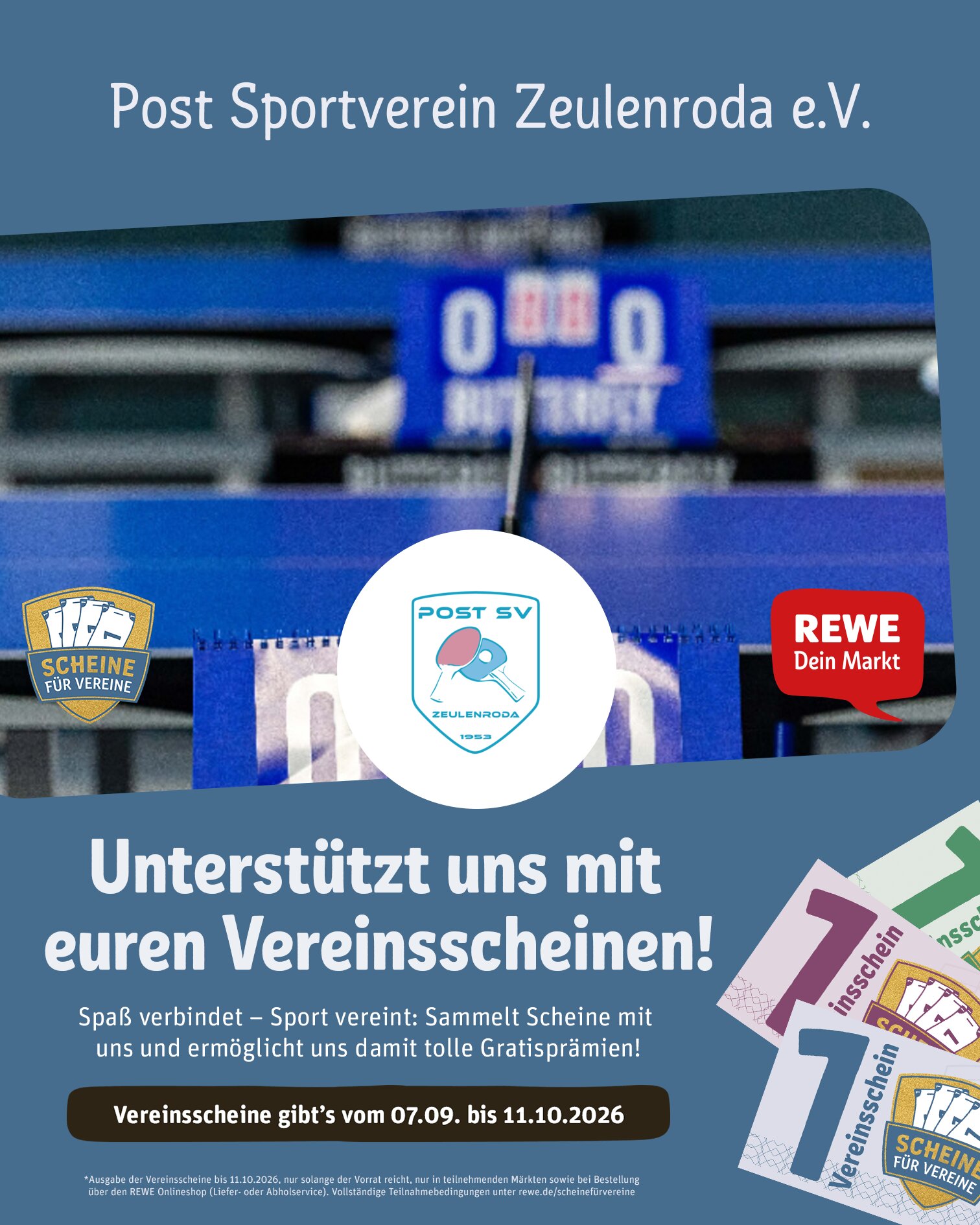REWE „Scheine für Vereine“ 2026 – Vereinsscheine sammeln und den Post SV Zeulenroda unterstützen. 